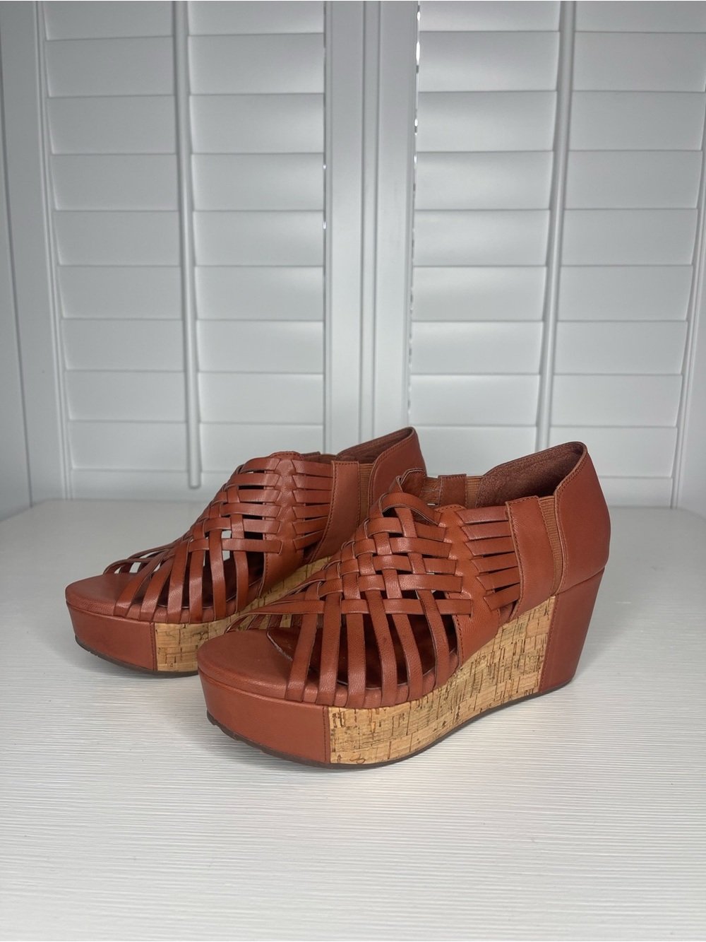 Chocolat Blu Woven Leather Cork Wedge Sandals - Cognac - Picture 4 of 8